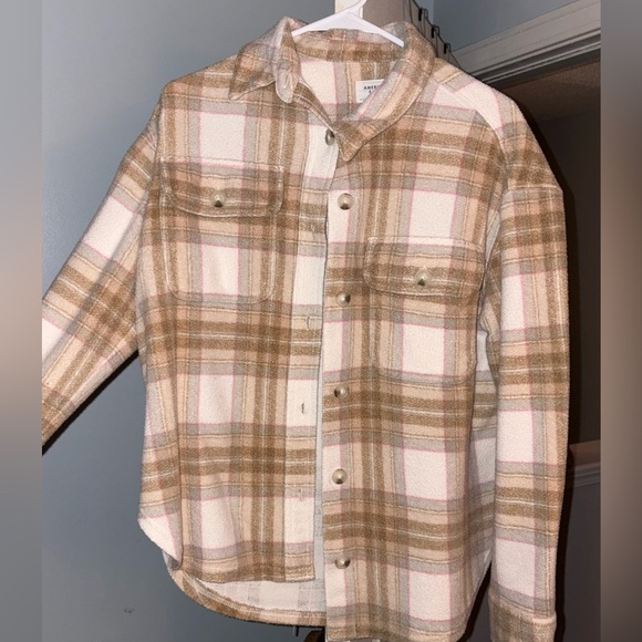 cute oversized fall American Eagle Outfitters Tan and Pink Plaid Shirt - Picture 3 of 3